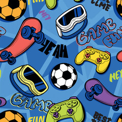 Seamless pattern gamepad, Virtual reality glasses, skateboard, football soccer ball, geometric background. Lettering street art ornament with joystick, skate. Gaming, Sport style. activity equipment.