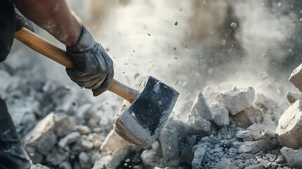 Construction Worker Using a Sledgehammer to Break Concrete