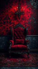 Dark, ornate red throne chair in gothic style room