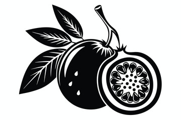 Graphic Passion Fruit with Leaves and Seed Detail, Isolated Still Life Illustration