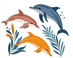 Obraz premium Three colorful dolphins swim among stylized aquatic plants on a white background.