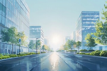 Fototapeta premium Urban road reflecting bright light, surrounded with glass buildings and trees