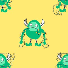 Winter monsters seamless Christmas yeti pattern for wrapping paper and fabrics