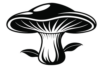 Black and White Mushroom Illustration with Detailed Gills and Decorative Leaves Vector Image