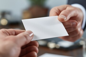 Obraz premium Two hands exchanging a blank business card in a professional setting, symbolizing networking, communication, and opportunities in business relationships and connections