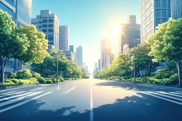 Obraz premium Urban Scenery Modern Buildings Along a Wide Road on a Sunny Day, Anime Style