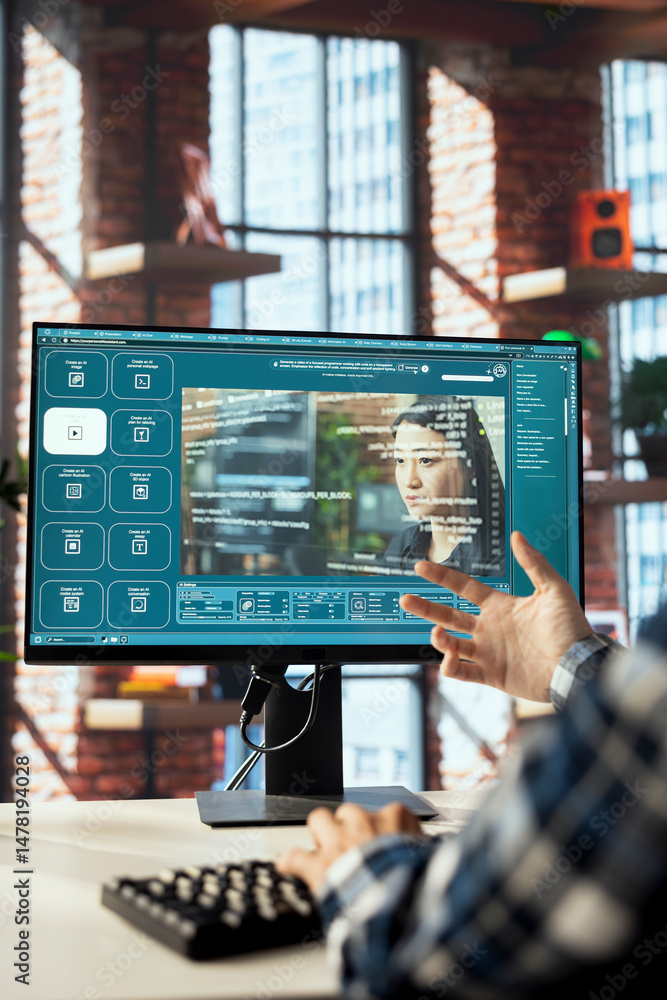 Poster Content creator in home office getting help from generative artificial intelligence GPT generating videos. Close up of AI virtual assistant producing clips from prompts on computer screen