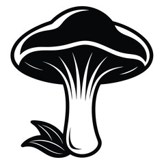Stylized Black and White Mushroom Illustration with Leaves Near the Stem Graphic