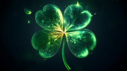 Obraz premium A vibrant green four-leaf clover symbolizing luck against a dark background, featuring a neon glow that enhances its visibility. [Neon Folklore] | CrystalMyth Matrix | faceted tale. Illustration