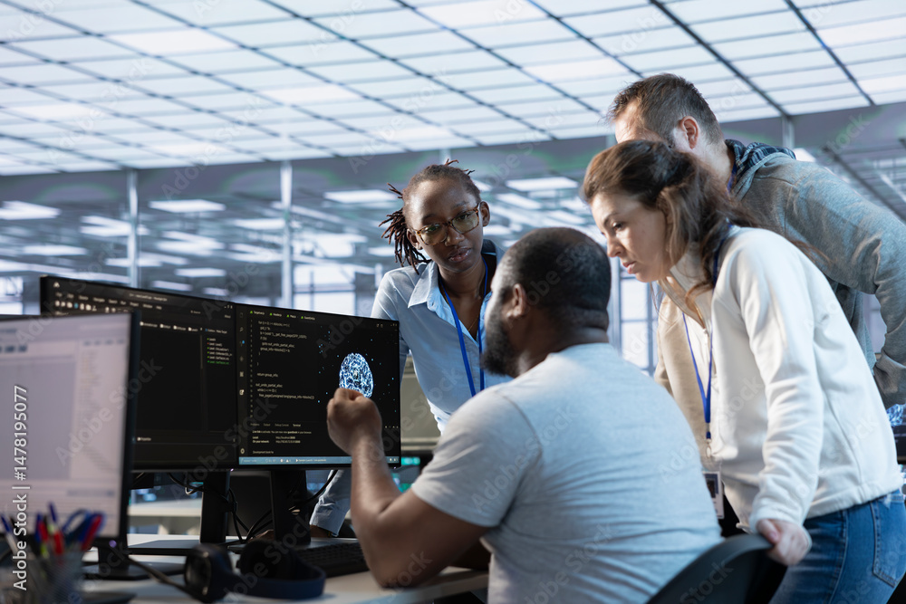 Poster team of engineers working in server farm, using pcs to analyze data. multiracial group of employees 