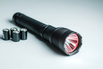 High-powered flashlight with batteries on a smooth surface, showcasing its design and functionality