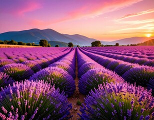 Fototapeta premium Lavender field in full bloom under soft pink sunset