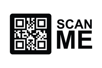 Centered black and white QR code with 'SCAN ME' in bold sans-serif. Minimalist, symmetrical design on clean background. Neutral, functional aesthetic for digital use. No people or context. Black/white