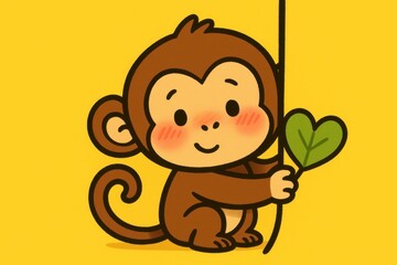 A cartoon monkey with a bashful blush, peeking out from behind an invisible tree while holding a heart-shaped leaf on a bright yellow background