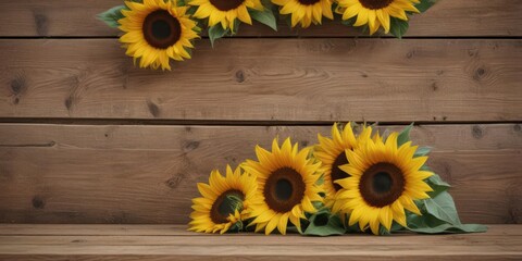 Obraz premium Vibrant sunflowers arranged on rustic wooden board, beauty, leaves