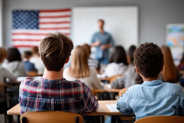 Classroom learning with diverse students focused on a teacher near the flag.