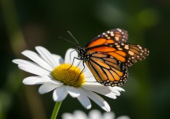 Obraz premium Monarch Butterfly on Daisy Flower Close-up of Orange and Black Butterfly, White Petals, Green Stem and Background.