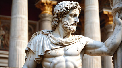 Fototapeta premium Marble Statue of a Muscular Ancient Warrior, Roman Armor and Historic Architectural Backdrop