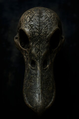 Naklejka premium Ancient Ritual Bird Skull with Mysterious Runes Carved on Weathered Bone in Dramatic Low Light