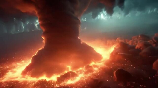 Massive Tornado Descending from Dark Storm Clouds into a Glowing Cityscape with Swirling Atmospheric Drama