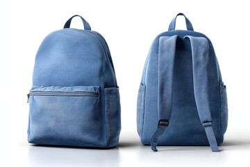 Two views of a light blue backpack featuring pockets, straps, and light background.