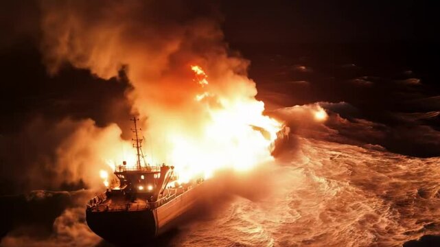 Massive Cargo Ship on Fire Battling Rough Night Storm at Sea with Intense Flames and Dramatic Ocean Waves