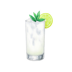 Gin Fizz cocktail with lemon slice, ice cubes and mint leaves in a tall glass. Watercolor illustration of classic gin-based mixed drink on png design. Summer refreshment and bar menu concept.