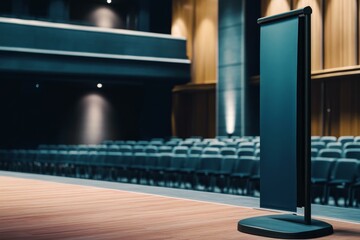  Pull-up banner stand in empty conference hall for professional presentation and branding mockup display