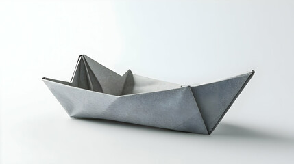 Obraz premium Gray origami boat, simple folds, on white background. A meticulously crafted paper vessel, angled view