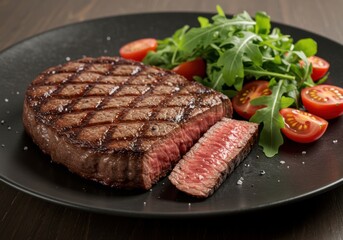 Grilled steak with salad representing culinary delight and healthy eating, featuring juicy meat and fresh greens