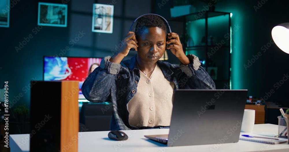 Poster teleworker enjoying music while researching data for company project, doing tasks in personal home o