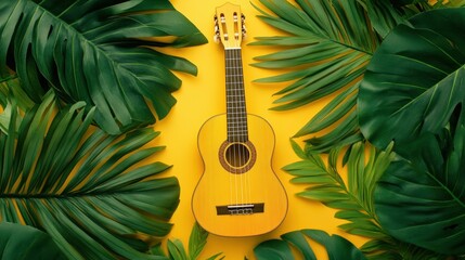 Bright yellow ukulele surrounded by lush green leaves