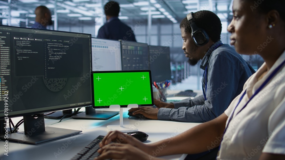 Poster close up of green tablet in server room used by system administrators to ensure minimal downtime. da