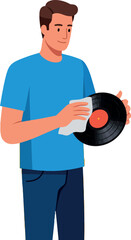 Man cleaning vintage vinyl record music hobby and leisure activity illustration vector 