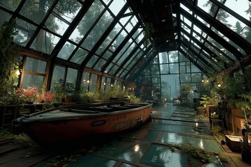 Enigmatic Greenhouse: A weathered rowboat rests in the center of a rain-swept greenhouse, surrounded by lush greenery.  The glass ceiling allows the moody light to filter in.