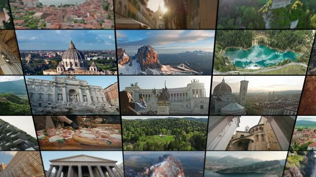 Italian Heritage and Nature Collage Myths, Historic Cities, Beautiful Scenery, Landmarks, and Urban Landscapes from Famous Tourist Places of Italy