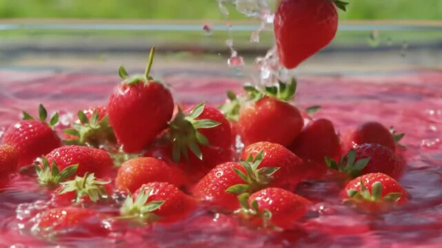 Strawberries fall in the water, there is a splash of freshness, then you can see strawberry juice being poured into a glass. Short video suitable for video elements about drinks.  Generative AI.