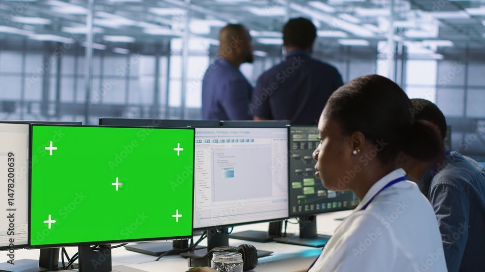 Poster software developer in server farm ensuring data remains shielded from potential threats using mockup