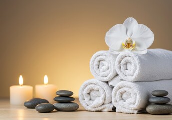 Spa arrangement representing relaxation and wellness with towels, stones, candles and orchid