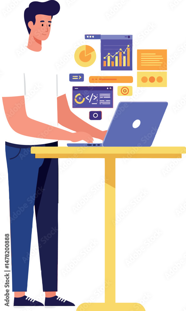Aufkleber young man working on laptop with digital analytics and charts in modern workspace vector