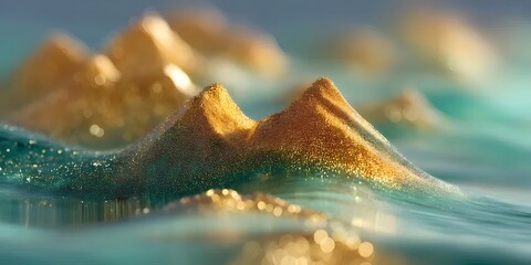 Abstract Golden Mountains and Turquoise Water Landscape With Bokeh Effect Creates a Dreamy Tranquil Scenery for Background Design Art and Decoration