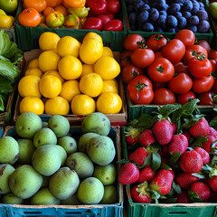 Colorful array of fresh produce in crates