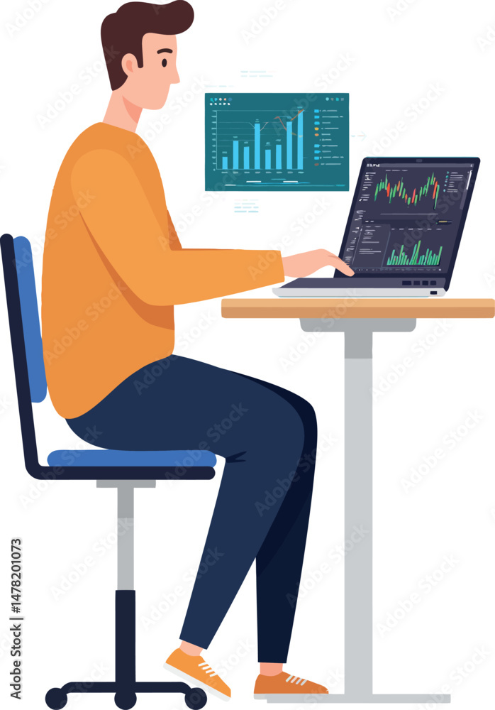 Aufkleber man analyzing financial data on laptop with digital charts in modern office setting