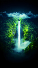 Majestic waterfall cascading through lush green jungle