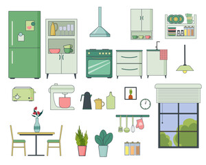 Constructor of furniture and elements for the kitchen. Set of items. Table and chairs, refrigerator and stove. Cabinets and cupboards with dishes. . Kitchen utensils microwave oven, toaster and mixer
