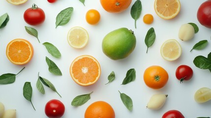 Naklejka premium Flat lay of colorful fruits and vegetables with green leaves on white background.
