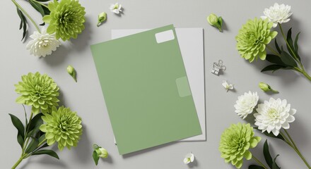 Green File Folder with White Flowers