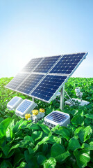 Fototapeta premium Solar panels mounted on a farm stand amidst lush greenery
