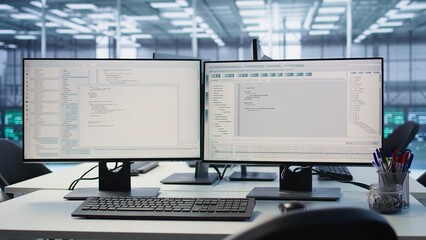 Fototapeta premium PC displays in data center providing computing resources for artificial intelligence processing massive datasets for training. Close up of code lines on computer in server room for machine learning