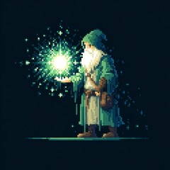 Pixelated wizard casting a green radiant spell in a dark pixel art environment © nova